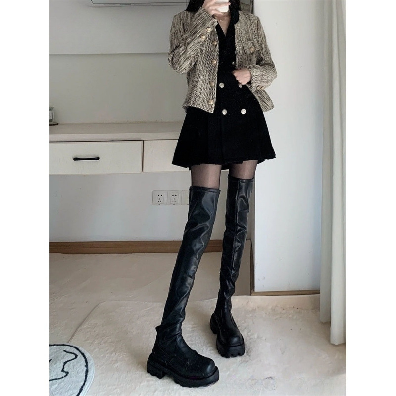 Demi-season elastic high boots square toe platform