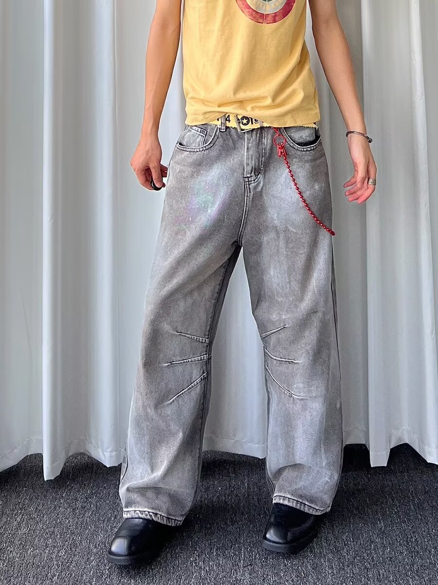 American Vintage Heavy Wash Light Gray Faded Jeans Unisex High Street Loose Fit Wide Leg Straight Pants_mkmklike.com