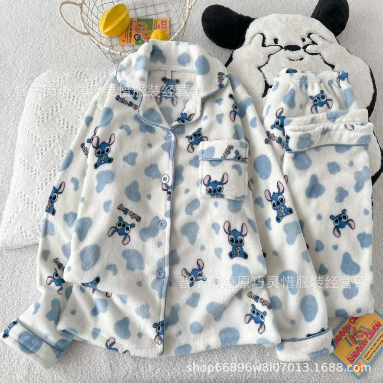 Franela otoño y invierno nueva linda niña caliente y gruesa dulce kitty gato suelto conjunto de pijamas se puede usar fuera