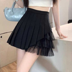 黒のプリーツスカート女性の夏の 2025 新しいファッションスプライシングメッシュスカートハイウエスト痩身 A ラインスカート