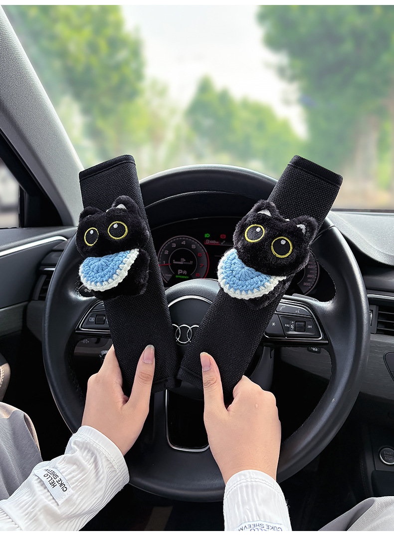 Cute Little Black Cat Car Seatbelt Shoulder Pad, Car Accessory, Protective Cover, Plush Toy, Car Interior Decoration, Anti-Neck Strangulation for Women
