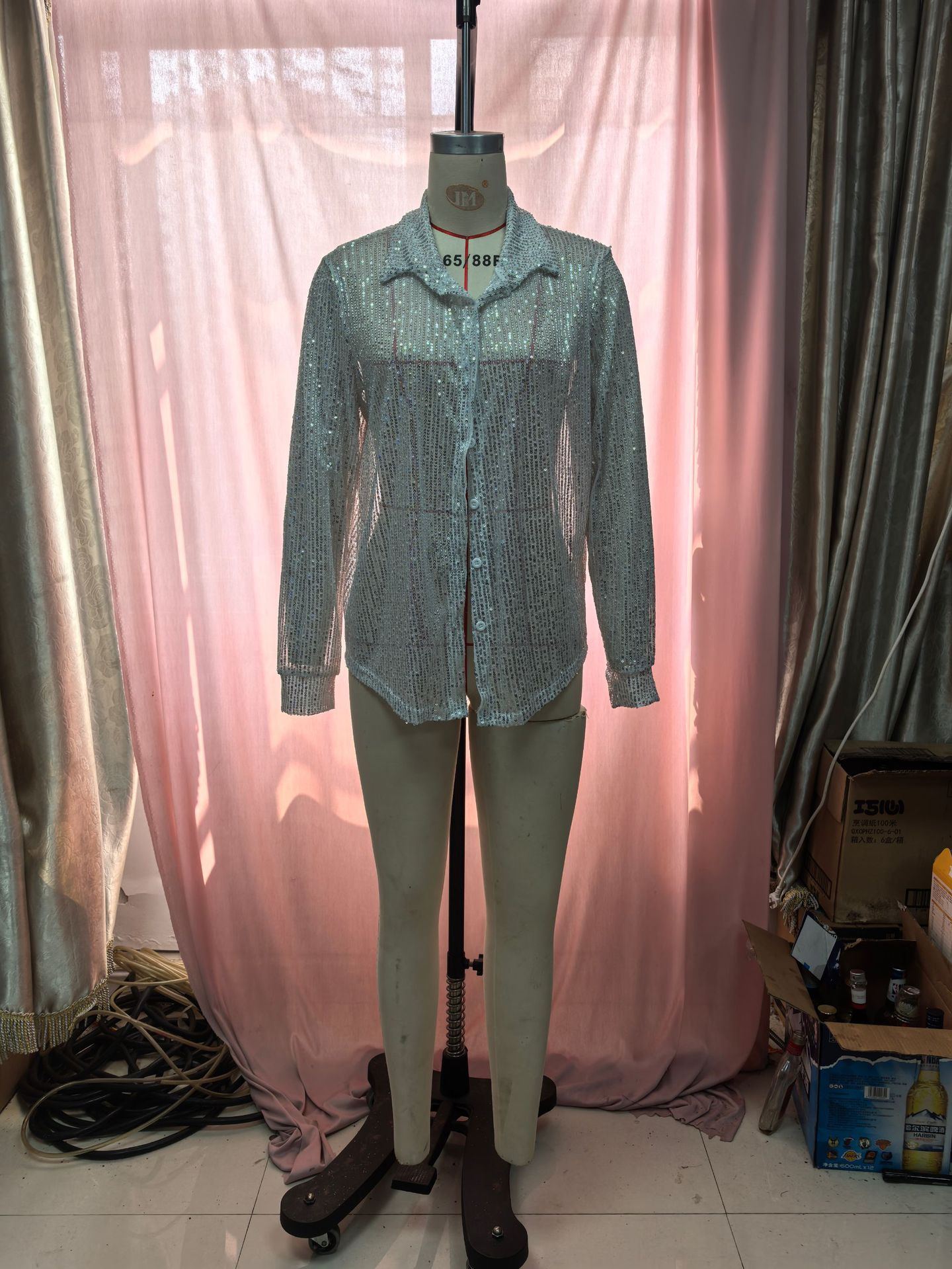 2025 Spring Summer New Sequin Top Turn-down Collar Long Sleeve Cardigan Basic Women's Shirt Jacket_voghion.com