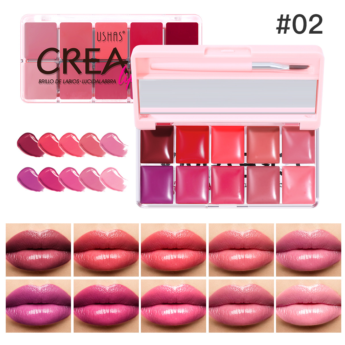 USHAS European and American Cross-border spot bandeja de brillo de labios de diez colores lápiz labial impermeable de larga duración taza antiadherente maquillaje de labios UC006
