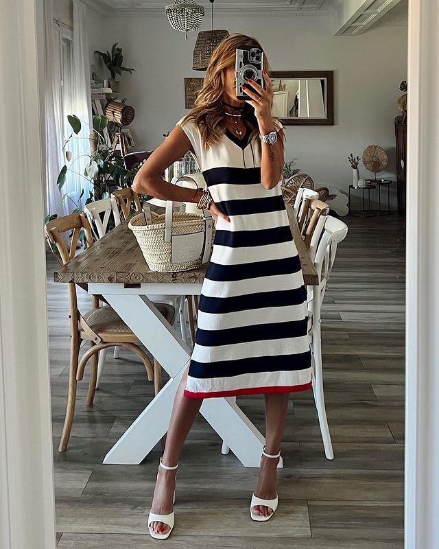 Women's Sheath Dress Streetwear V Neck Printing Sleeveless Stripe Midi Dress Daily display picture 2