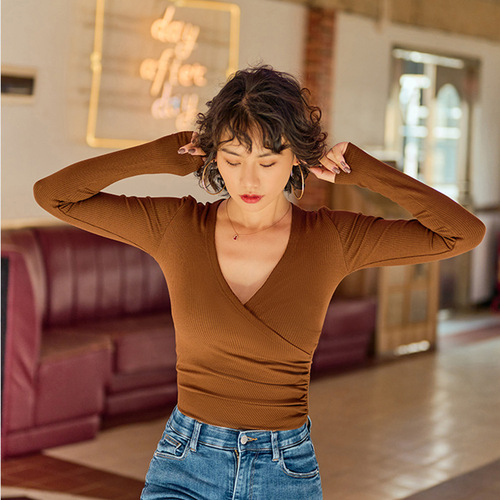 Sports Long-Sleeve Yoga Base Top Deep V-Neck Body-Hugging Pleated Waist-Slimming Slimming T-Shirt for Autumn/Winter Layering Long-Sleeve Elastic Top