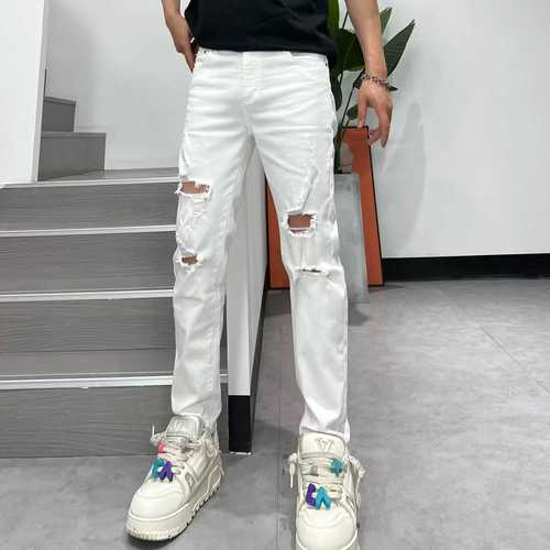 2024 Summer New Holey Denim Jeans for Men Trend Brand Slim Straight 9-Hole Pants Korean Style Fashion Matchable Long Pants