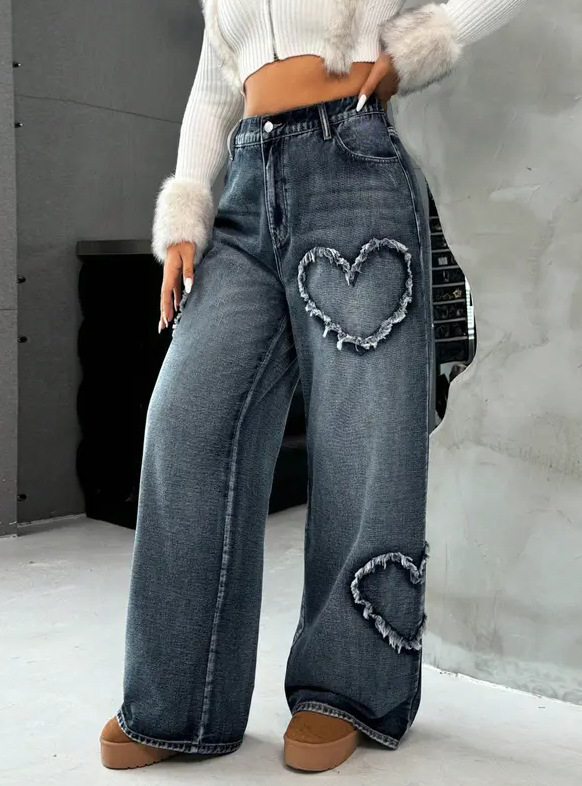 European And American Cross-Border Street Retro Heart Frayed Edge Patchwork Heavy Washed Denim Women's Loose Straight_ecoleips.com