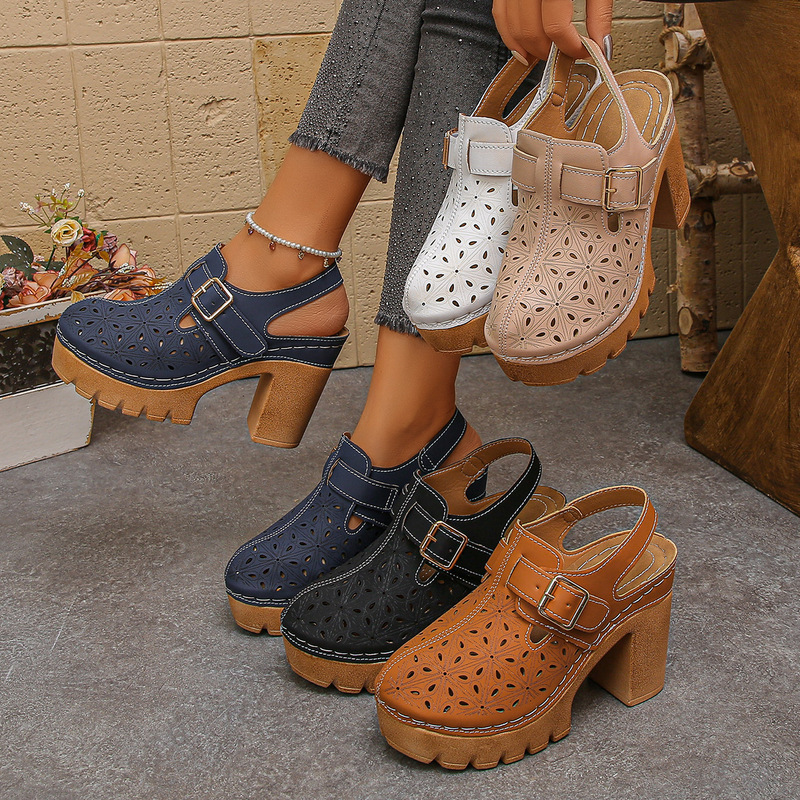 Cross-Border Foreign Trade 2025 Summer New Style Baotou Thick High-Heeled Women's Sandals European and American Large Size Hollow Sandals Women's Wholesale