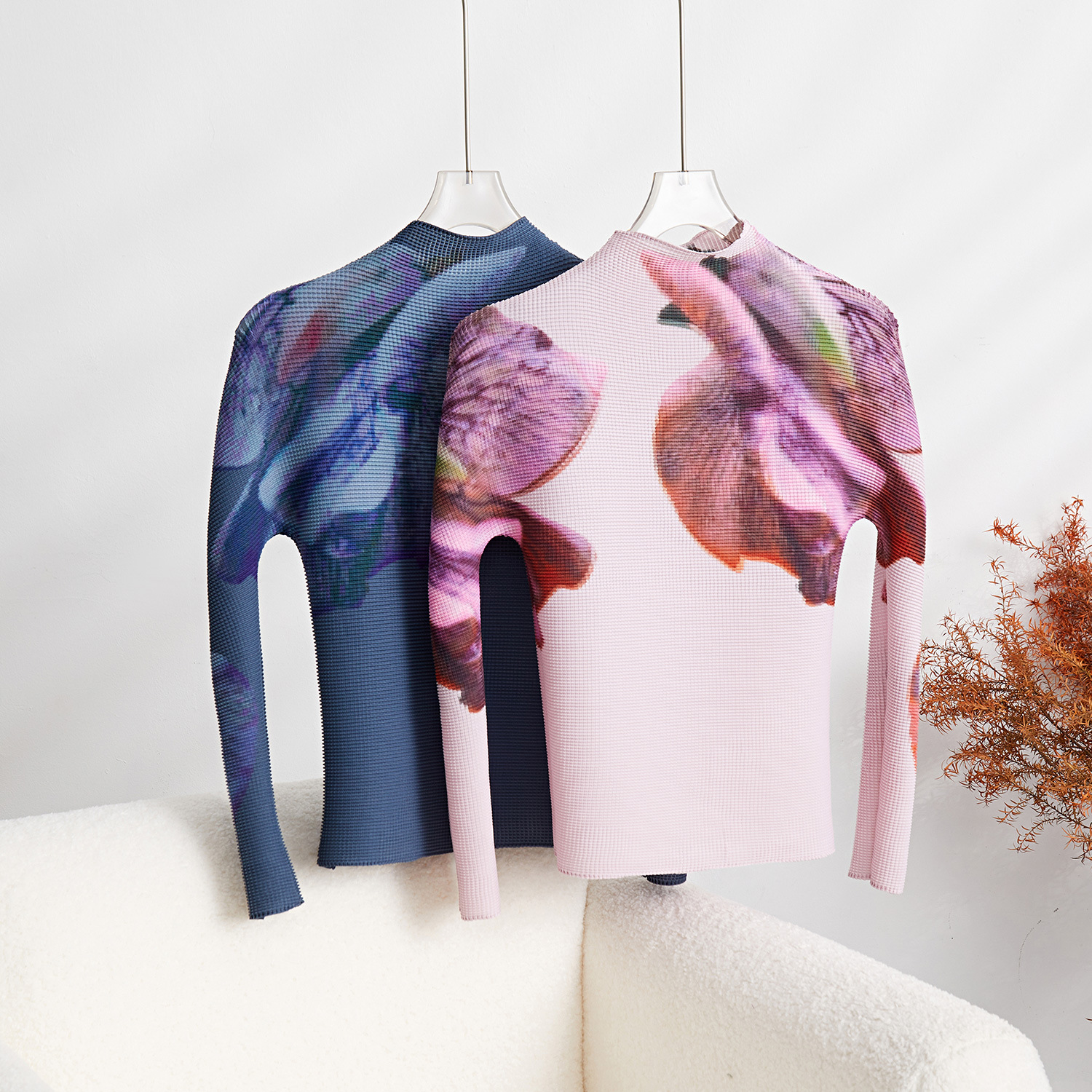 Women's Pleated Skirt Set - Floral Print Top & Long Pleated Skirt - Japanese-Inspired Casual Outfit (Purple/Pink/Dark Green/Gray, Sizes 78-90cm)_ecoleips.com