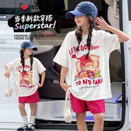 女童夏装短袖卡通T恤五分裤两件套2026新款大童洋气韩版运动套装
