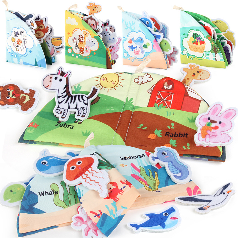 Libro de tela para bebés Velcro desgarrador libro animal forestal frutas libro tridimensional puede roer bebés preescolar libro de palma