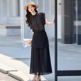 一件代发2026夏季新款气质黑色无袖波点衬衫半身长裙子两件套装女