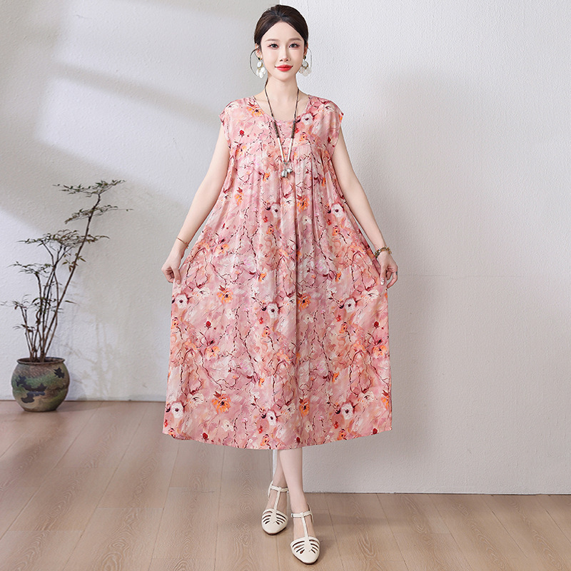 お母さんの綿のシルクのワンピースの半袖の中で老年の夏服の大きいサイズの婦人服は太ってゆったりしている人工綿のスカートの女性をプラスします。|undefined