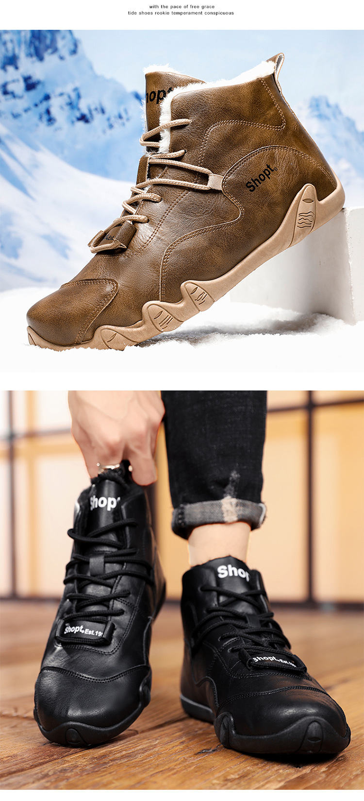 Uomo con pile invernale e scarpe alte, stivali caldi alla moda per giovani celebrità di Internet, versione coreana, Instagram_voghion.com