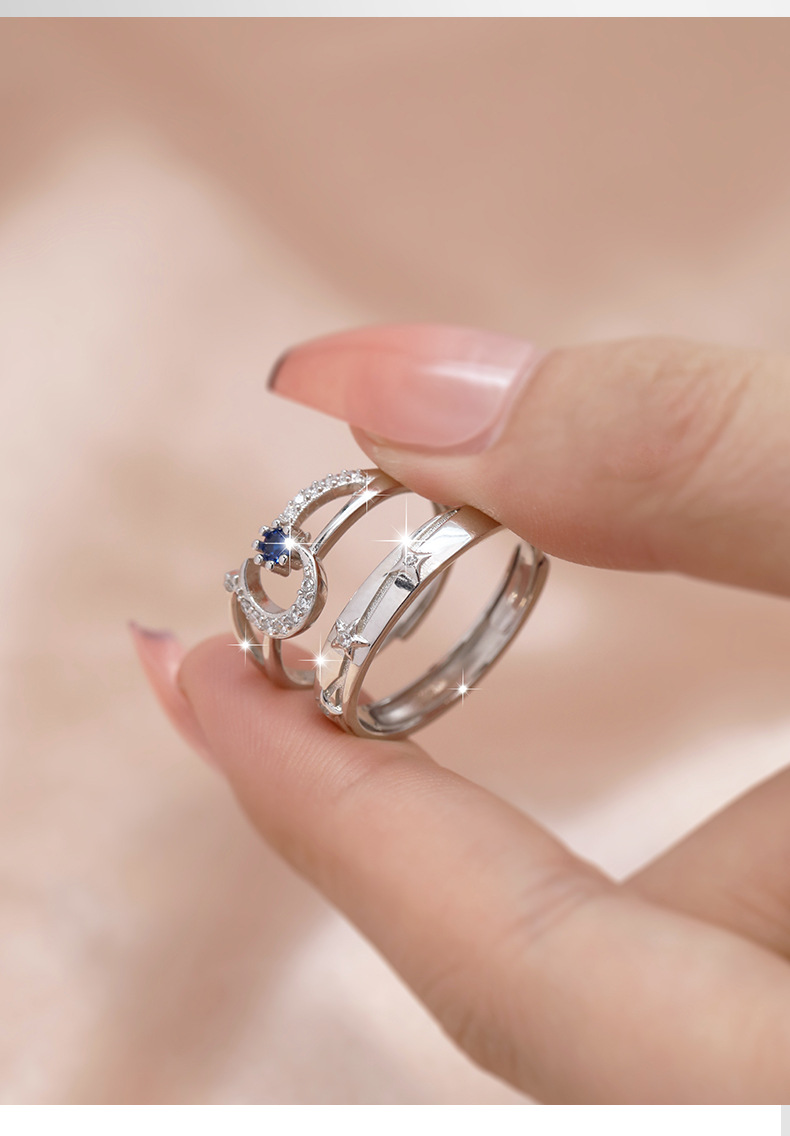 2g Weight Zircon Inlay Material Open Rings Classification 925 Sterling Silver Zircon Star Moon Open Rings