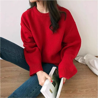 复古秋冬新款圆领红色100%纯山羊绒毛衣女宽松慵懒加厚打底针织衫