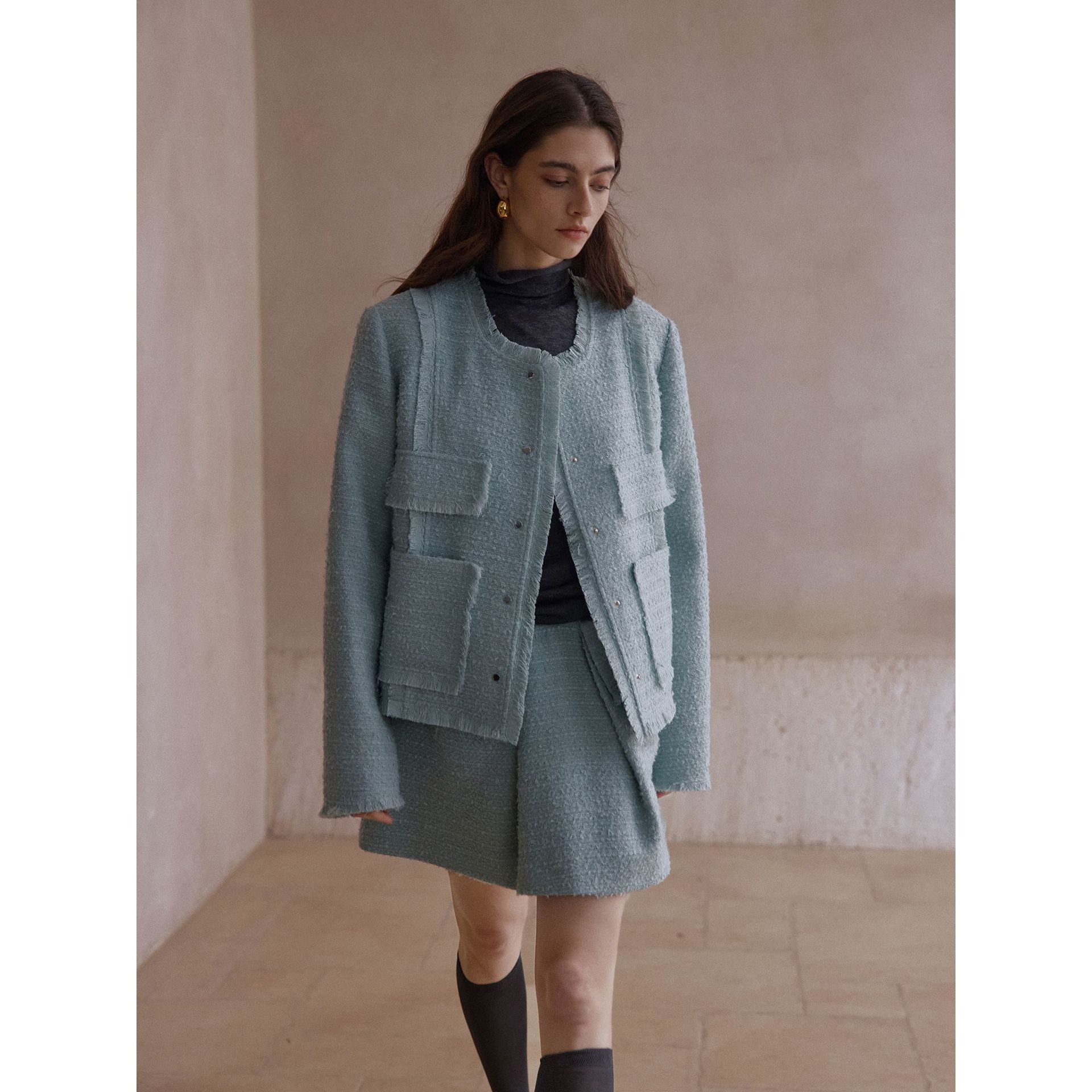 [Colne] Autumn New Tweed Chanel-Style Fringed Raw Edge Round Neck Wool Short Coat for Women C5397