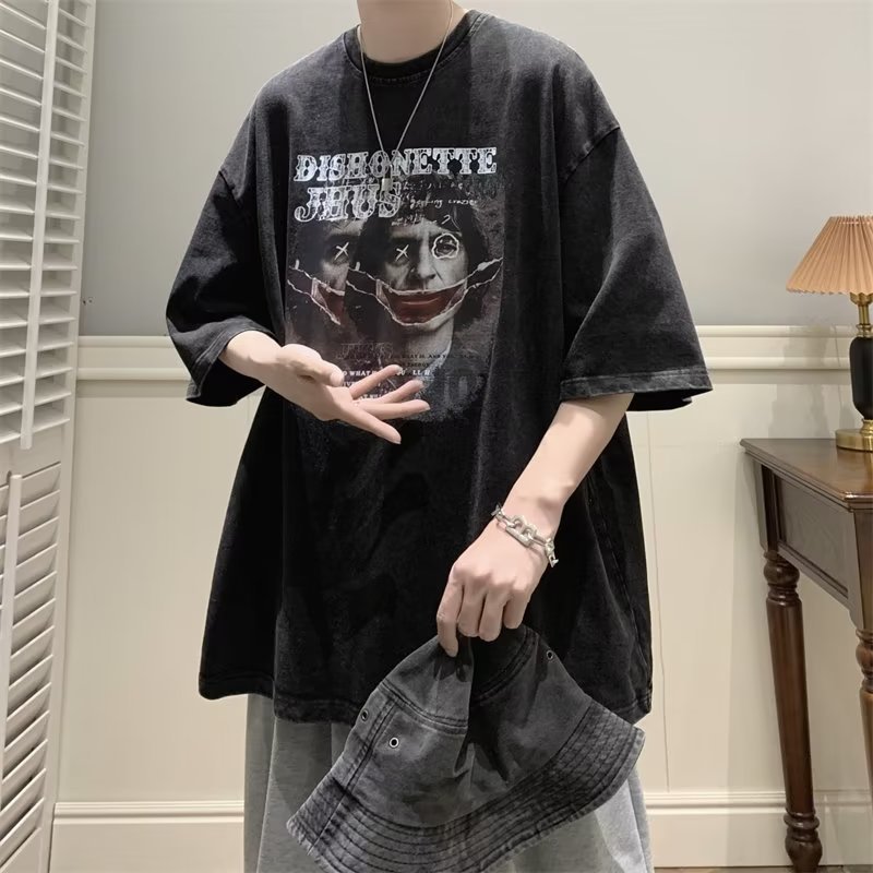 Camiseta de manga corta de algodón de la marca de moda de la calle alta estadounidense para hombres verano retro marea casual lavado viejo media manga guapo camiseta