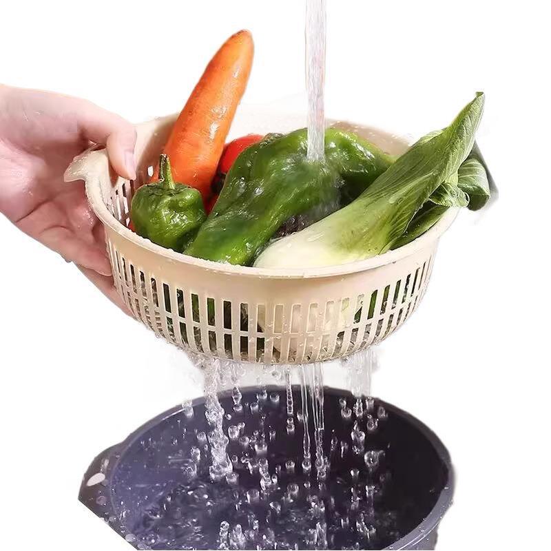 二層野菜洗い桶、プラスチック排水バスケット、米洗い器、野菜青、野菜洗い桶、家庭用キッチン果物洗い桶|undefined