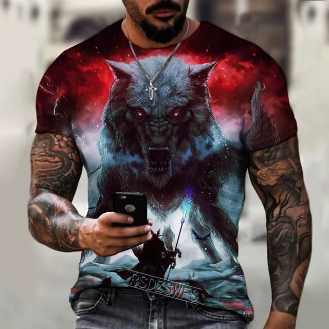 2024 moda casual suelto cuello redondo manga corta transpirable camiseta de hombre personalidad lobo malvado spot de impresión digital 3D