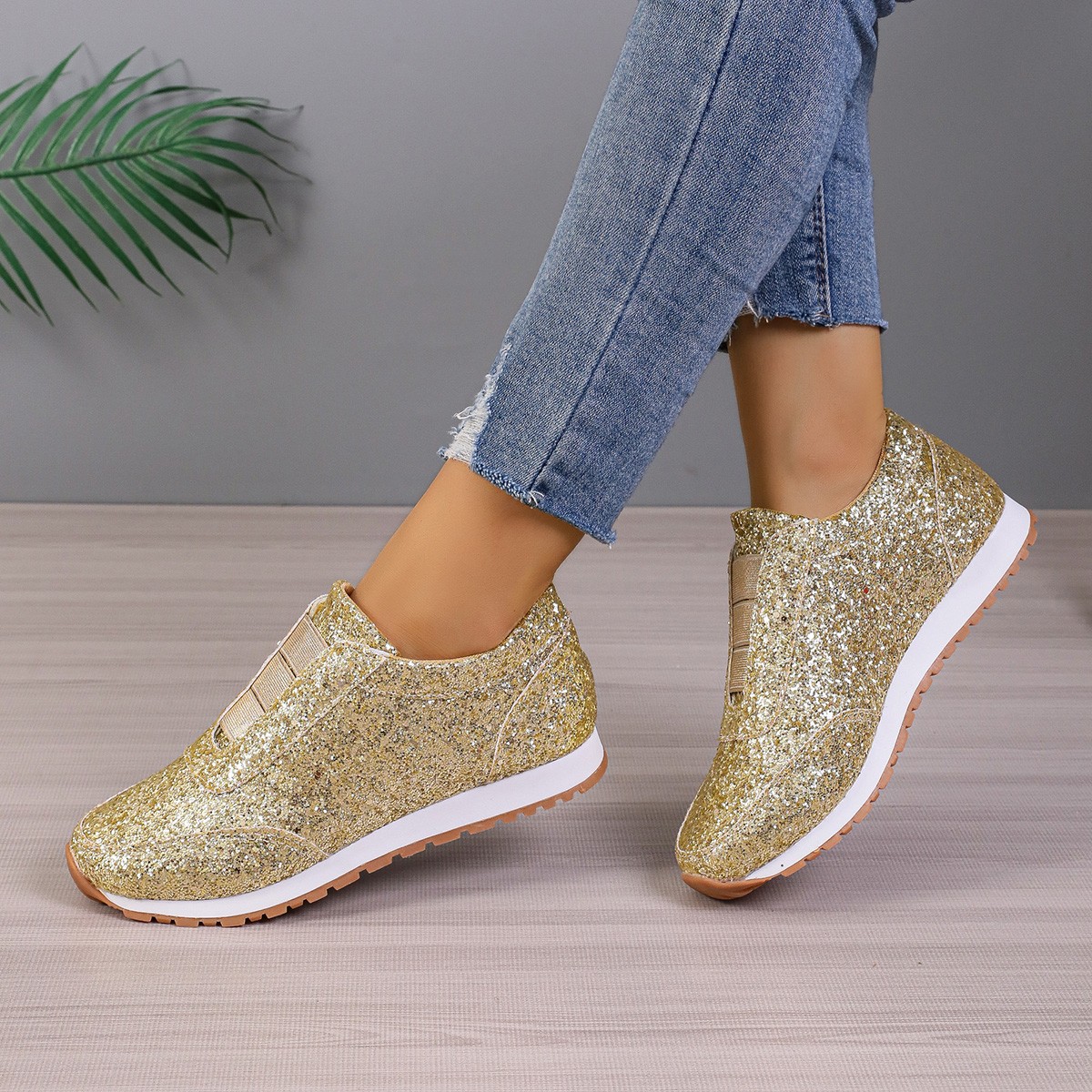 Damenschuhe mit Pailletten und Strasssteinen, elastische Freizeitschuhe mit dicken Sohlen, Fischmaulschuhe_voghion.com