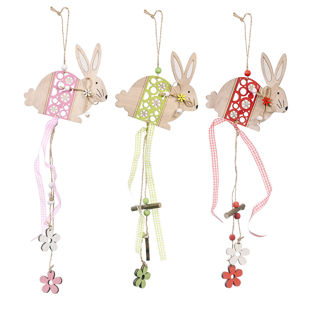跨境新款复活节装饰用品复活节兔子木质挂件兔子粉色吊饰小树挂件