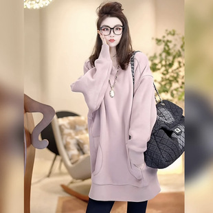 5198 Thickened in stock 2025 Early Spring New Mid-length Thickened Solid Color Sweat Long Sleeve Round Neck Sweat Top