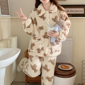 实拍2024冬季加厚保暖睡衣甜美减龄花边卡通小熊图案家居服套装