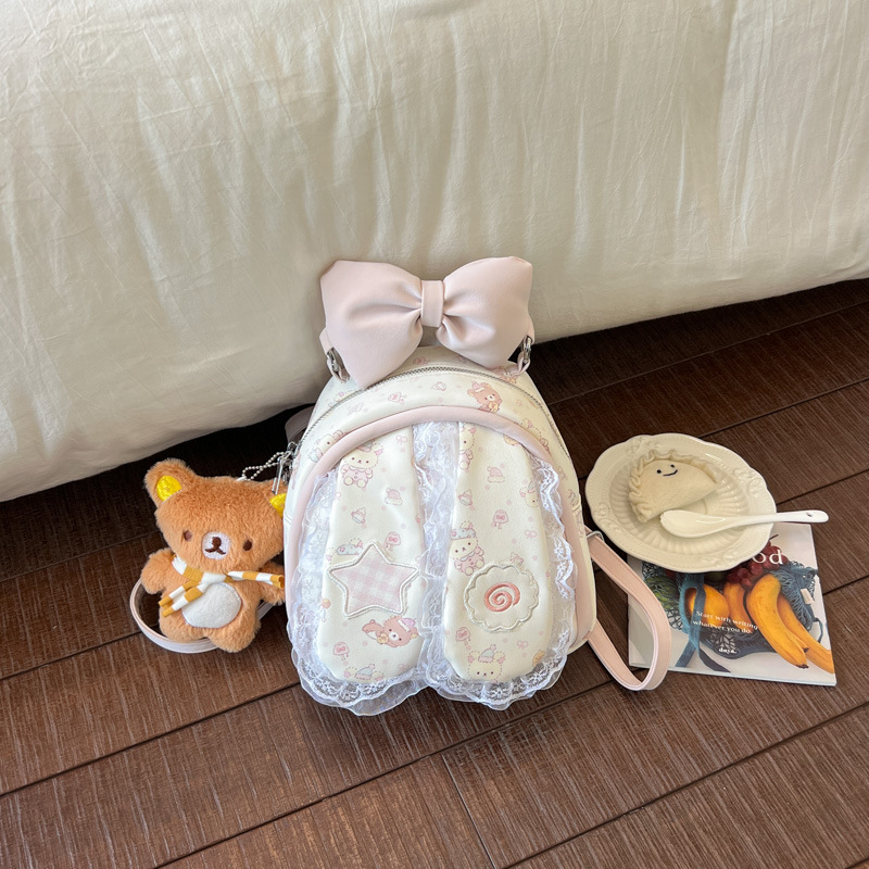 New Korean-style backpack with bow and lace trim, bunny ear backpack, mini student schoolbag New Korean-style backpack with bow and lace trim, bunny ear backpack, mini student schoolbag