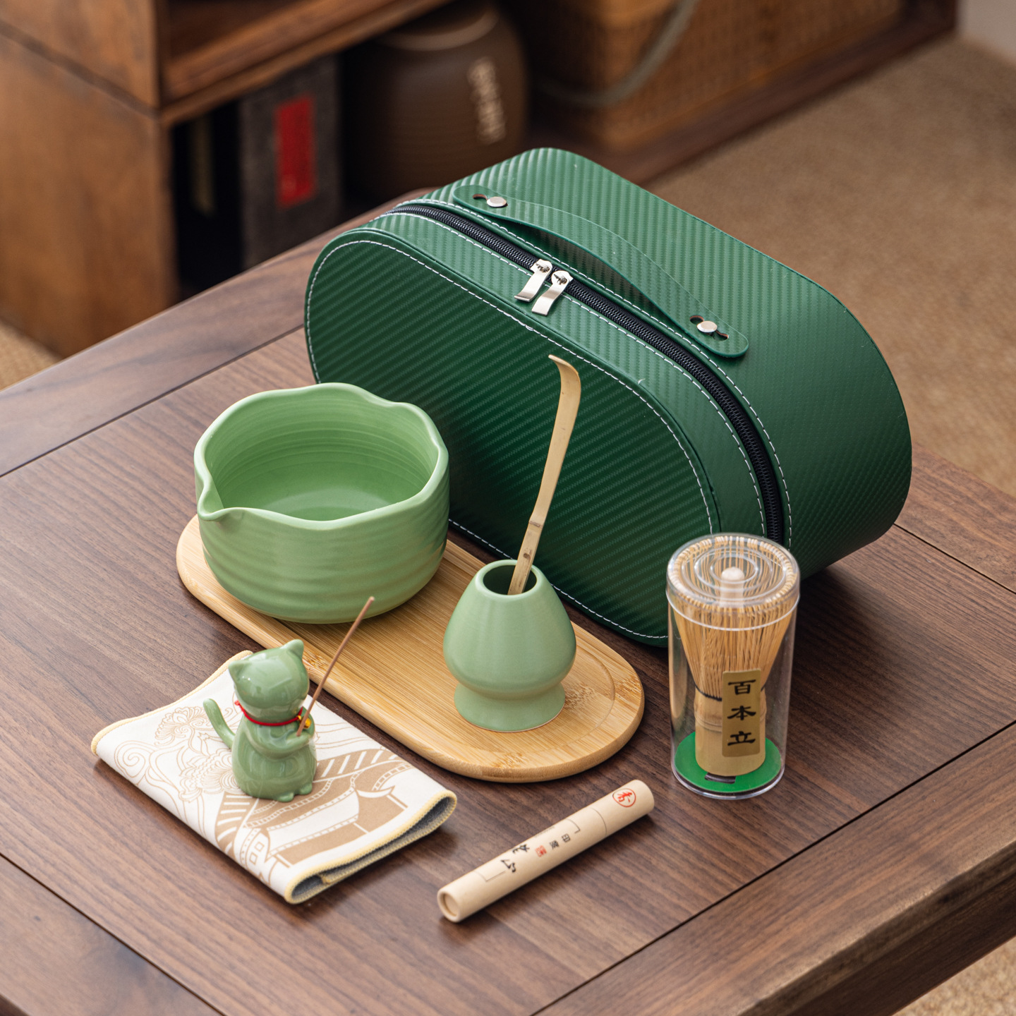 Cuenco de matcha corrugado caja de cuero set adorable gatito Xiangdao ocho piezas set punto té 100 tazas de té