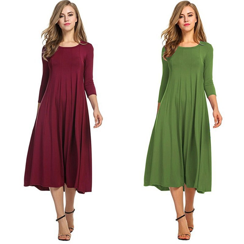2022 Autumn Amazon Wish Cross-Border Women's Round Neck Mid-Sleeve Solid Color Flared Dress Commuting Fashion 2022 Autumn Amazon Wish Cross-Border Women's Round Neck Mid-Sleeve Solid Color Flared Dress Commuting Fashion