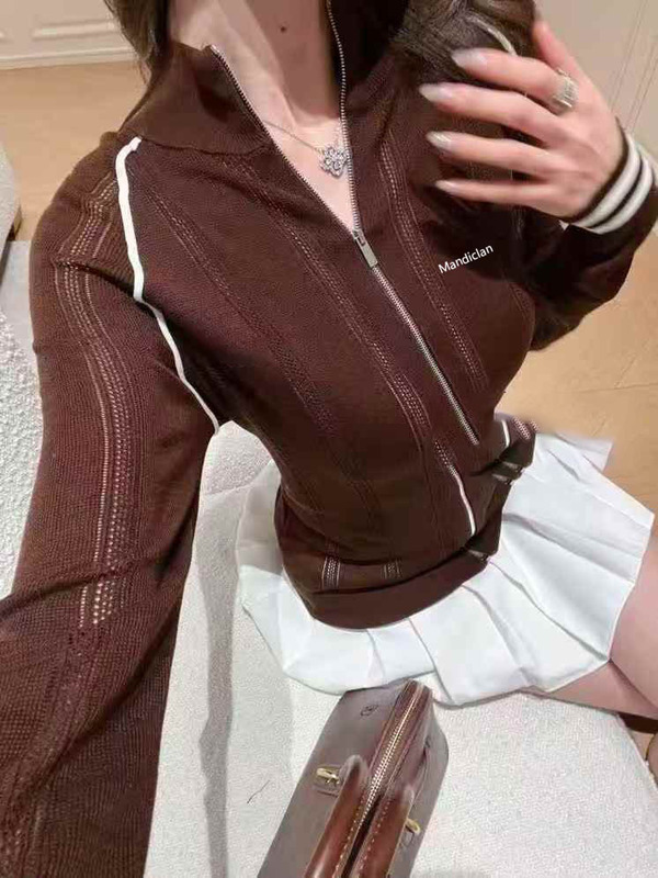 新款外套女装秋季撞色毛衣简约百搭字母拼色线条开衫针织拉链上衣|undefined