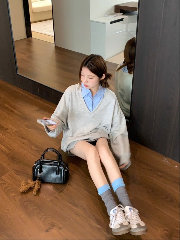 复古风Polo领撞色拼接假两件卫衣女秋季休闲宽松慵懒oversize上衣|undefined