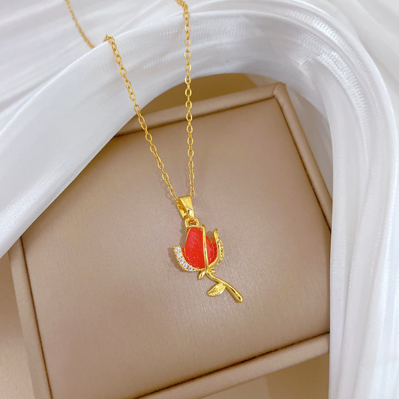 Wunderschöne Rote Rosenhalskette Mit Strass Aus Edelstahl_voghion.com