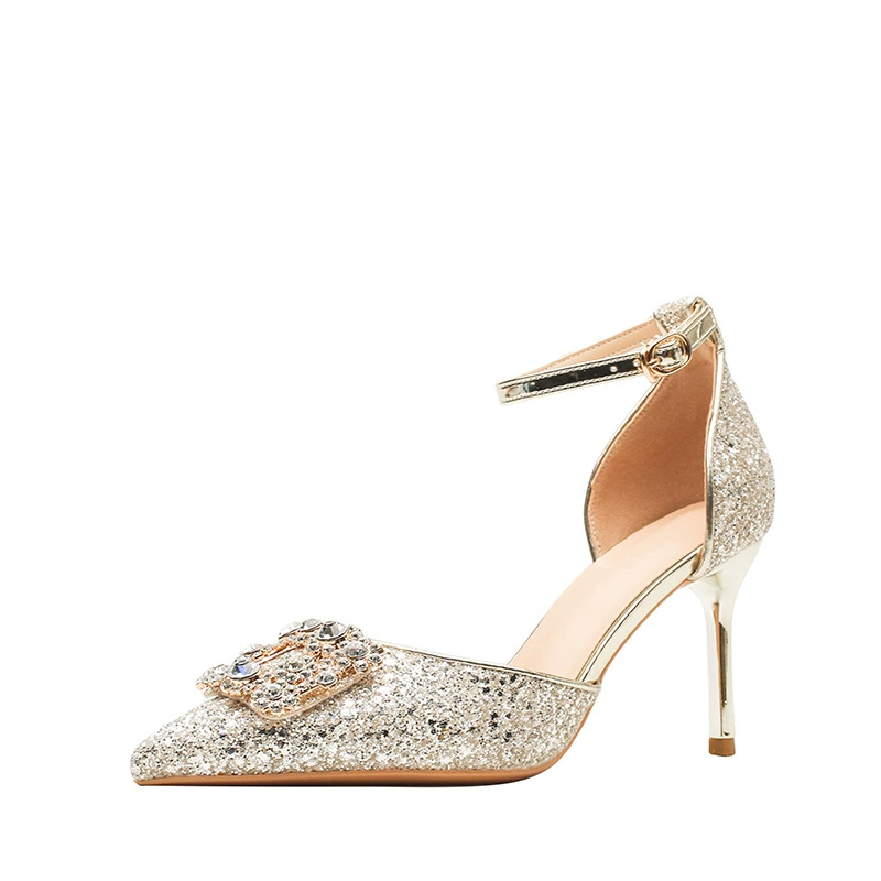 Золотые шампанское туфли на каблуке женские stilettos квадратная пряжка rhinestone Hollow обувь модные подружки невесты свадебные туфли 2024 новые одиночные туфли