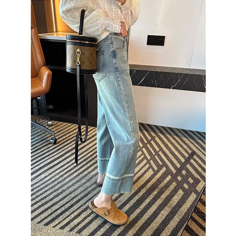 Cross-border straight Denim wide leg pants 2024 spring and autumn new outer wear light blue leggings slim straight leg pants