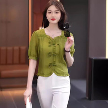 新中式雪纺衫女国风短款上衣2024夏季新款小个子洋气小衫短袖衬衣