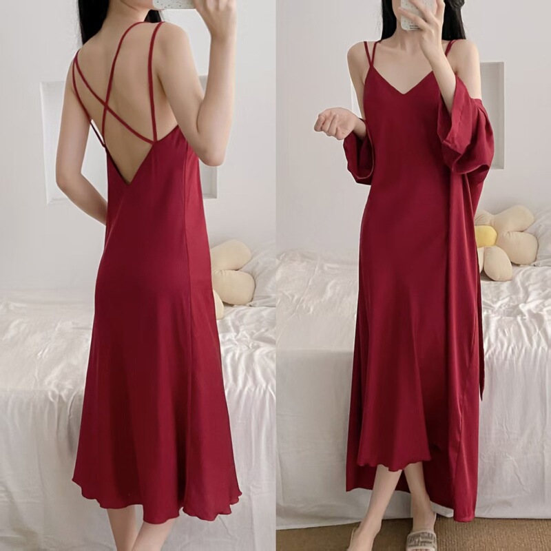 Wedding Festive Red Pajamas, Nightgown, Home Clothes, French Palace Style, Zodiac Year Bride's Dressing Gown, Extra Long Nightgown