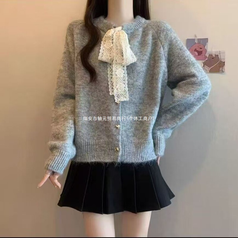 Sweater coat with lace bow, knitted cardigan with tie, women's heart-shaped metal buckle, round neck, short, loose, and gentle style