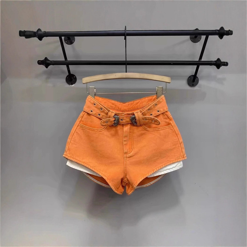 Early Autumn 2025 New Orange Hot Girl Leg-Lengthening Denim Shorts High-Waisted Versatile Pocket A-Line Hot Pants Trendy