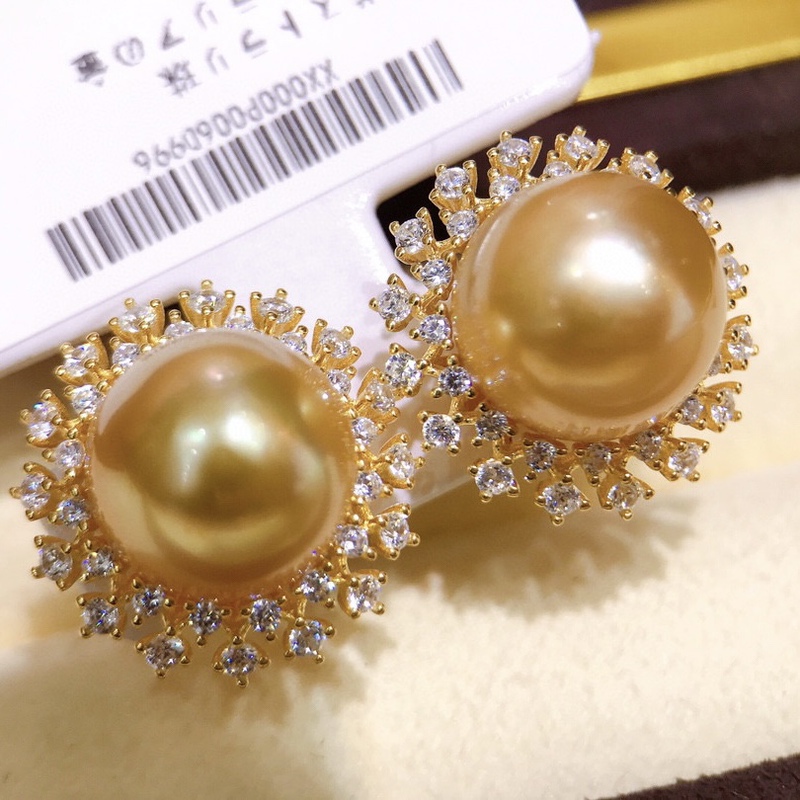 Natural primary color strong tea gold high gloss natural Nanyang sea water gold earring 12-13mm near round 925 Seiko with certificate