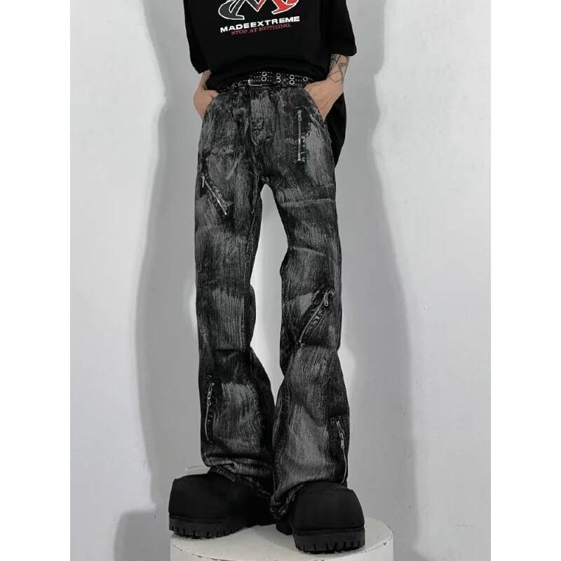 American Retro Dirty-Washed Flared Jeans for Men, Hip-Hop High Street Style with Zipper Design, Long Pants for Women and Men