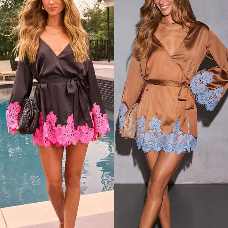 Independent Station Amazon Cross-Border European and American Clothing Dress Lace Decorative Trim Pure Color Dress 8195