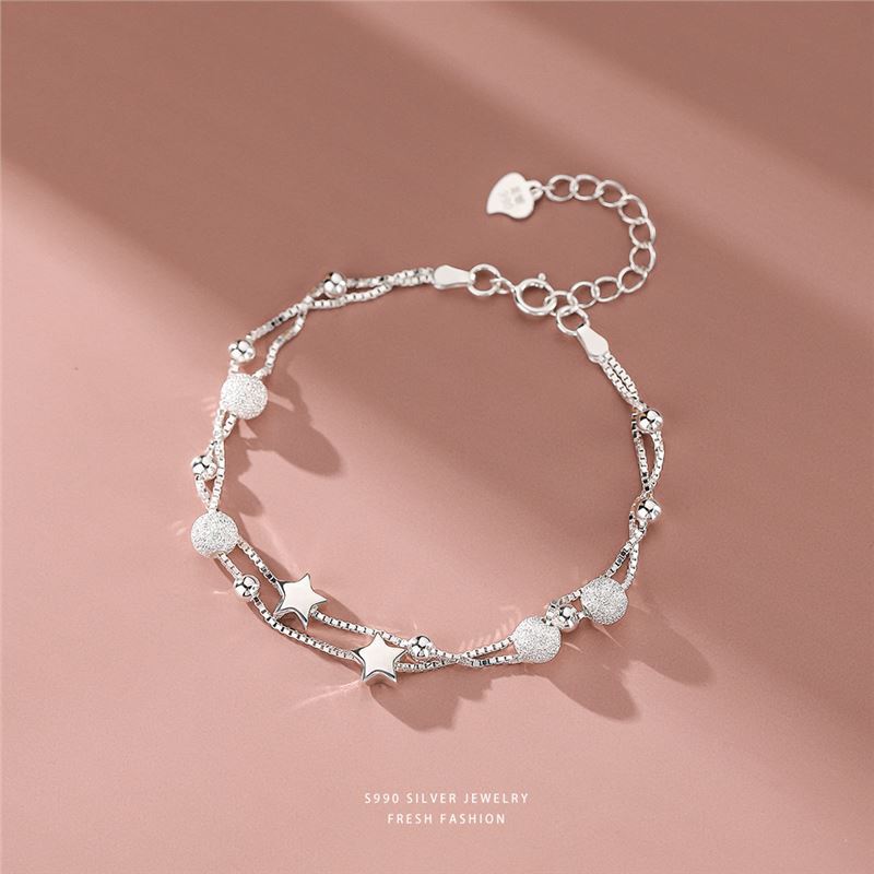 Pulsera de plata S990 para mujer, estilo coreano, doble capa, mate, con cuentas redondas, joyería sencilla en forma de estrella._voghion.com