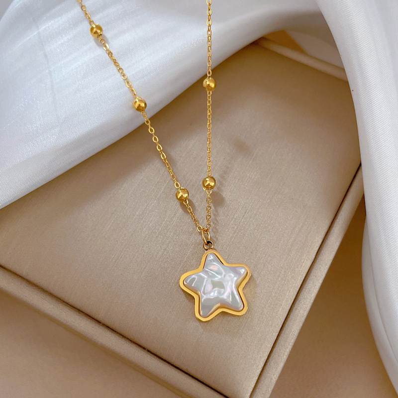 Fashion Pentagram Titanium Steel Plating Inlay Shell Pendant Necklace 1 Piece