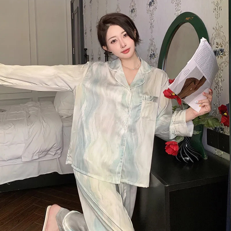 아이스 실크 잠옷 여성 긴팔 세트 봄 가을 학생 느슨한 인터넷-인기있는 하이 엔드 스타일 홈 의류 여름 착용