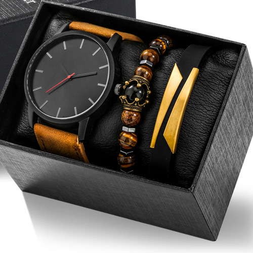 Men's simple, fashionable and casual men's belt quartz watch + crown tiger eye bracelet + titanium alloy bracelet set