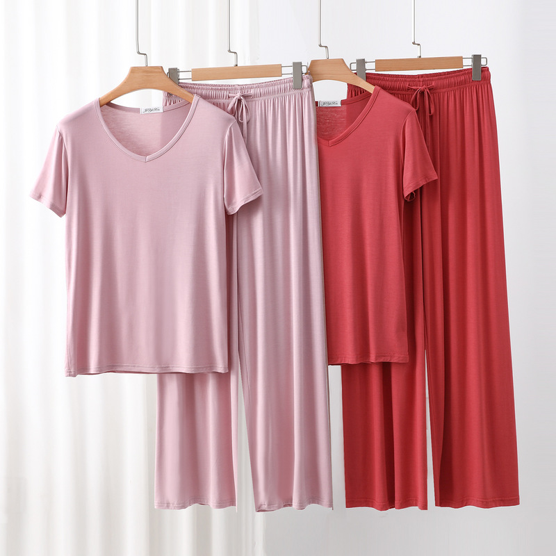 Modal V-neck short sleeve T-shirt color matching lace-up wide leg pants suit spring and summer plus size loose casual simple suit