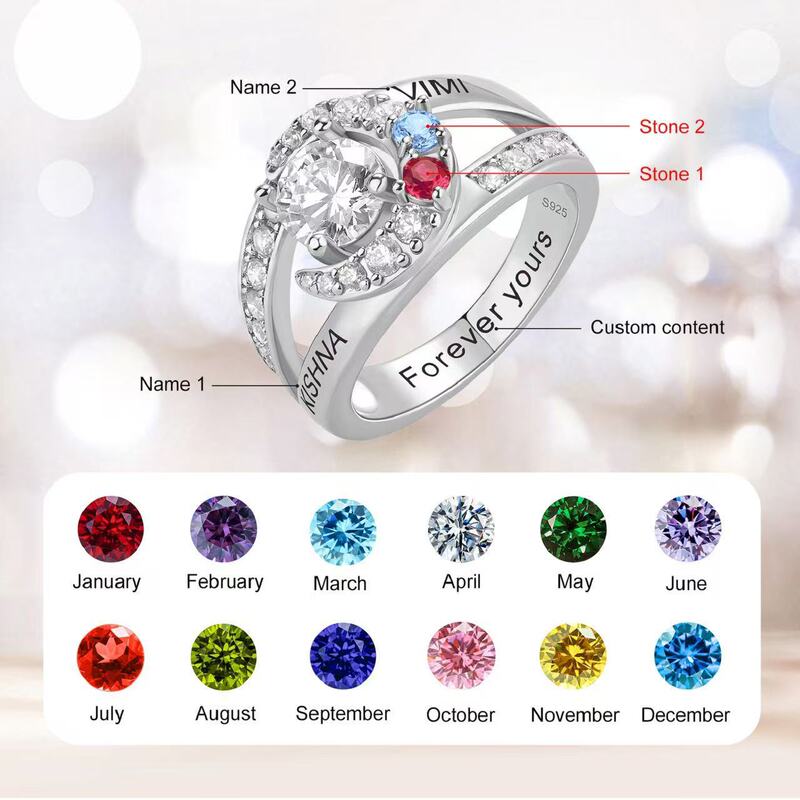 Cross border ring custom S925 sterling silver stars moon sun personalized name birthstone couple ring women