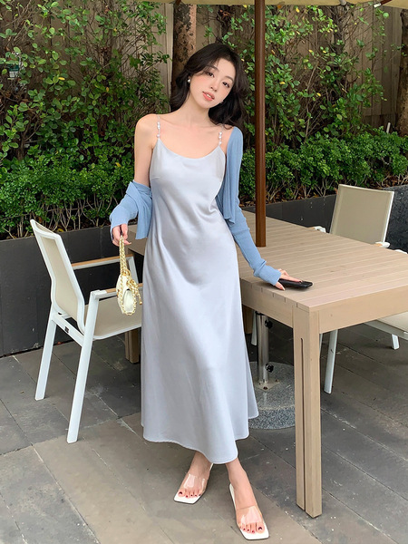 2025 Korean Style New Trendy Long-Sleeved Tops High-Waist Slim Suspender Long Dress Two-Piece Suit for Women